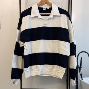 TNA Striped Rugby Polo Shirt - Navy and White